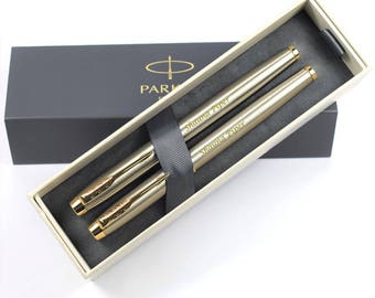 Personalised, Engraved Parker IM Brushed Metal & Gold Rollerball and Fountain Pen Set - Personalised Birthday Gifts (1931663-1931656)