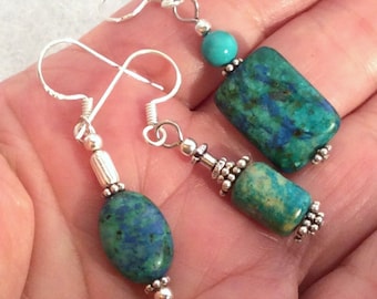 8 different Chrysocolla Earrings. Sterling Silver. free US ship