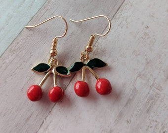 Cherry earrings, rockabilly earrings, fruit earrings, fruit jewelry, food earrings, food jewelry, gifts for her, novelty earrings,