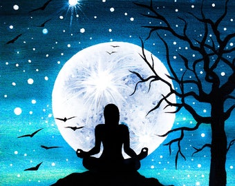 Full moon meditation- silhouette - miniature miniature limited edition print mounted on wood