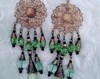 Antique art deco Egyptian revival green czech glass earrings 5"