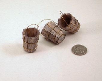 Old-fashioned wooden bucket or pail, wire handle, aged wood, staves bound with wire.1 to 16 dollhouse scale miniature. Handmade USA.