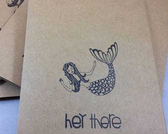Set of 6 handmade hand stamped cards notes kraft mermaid simple