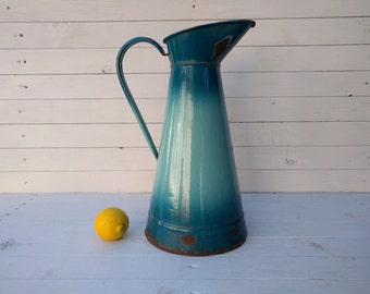 Enamel Body Pitcher, Vintage French Enamelware Vase, Turquoise and Teal Enamel Jug, Modern Farmhouse Decor