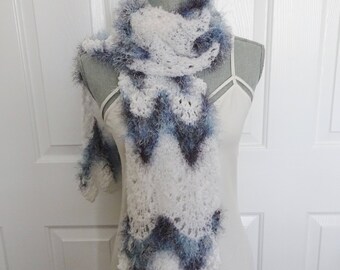 White & Blue Knit Scarf, Chevron Striped, Winter Scarf, One of a Kind Scarf, Hand Knit Scarf, Striped Scarf, Boho, Gift Scarf, Elegant Scarf