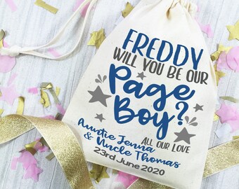 Drawstring cotton bag, personalised for your Page Boy. Will you be our page boy wedding day gift bag.