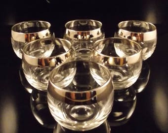Vintage Roly Poly Glass Silver Band Trim 4 Ounces Set of 6