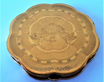Elegant 'Gwenda' Powder Compact... Goldtone Metal... Flower Basket and Cherubs