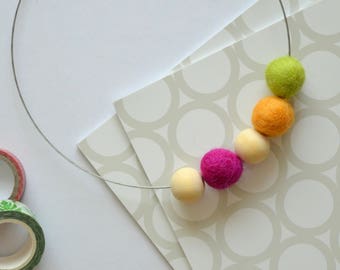 Wood and felt statement necklace, chunky necklace, geometric necklace, pink green yellow necklace, felt necklace, gift under 15 for her