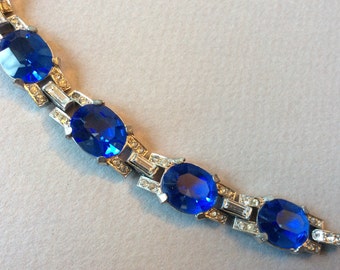 Art Deco Large Sapphire and Clear Rhinestone Bracelet