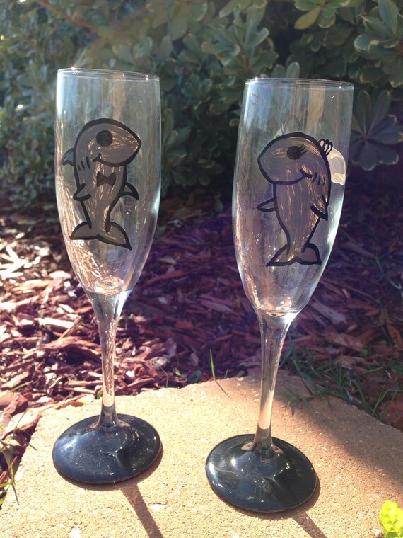 Shark wedding flutes bridal shower flutes toasting flutes