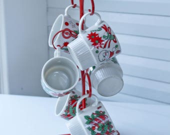 Vintage Set of 6 Stacking Christmas Japan Mugs with Red Metal Mug Tree-Santa-Reindeer-Poinsettia-Bells-Trees-Starburst-Angels-Candles