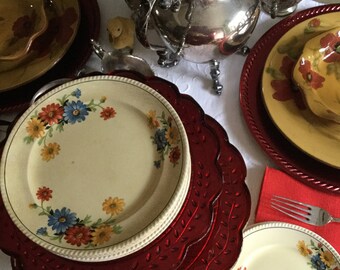 Vintage Sebring Pottery Golden Maize Nile Daisy Dessert Plates-Blue/Yellow/Red/Green/Black Trim