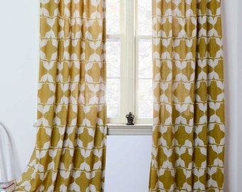 Yellow curtains SAMPLE SALE Mustard window treatment block print cotton curtain home and living housewares - ONE panel - Mustache 84in L
