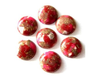 10 Vintage cabochon, lucite plastic, marbled red and white with gold color glitters, 12mm, 3mm height