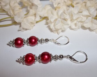 Jewelry Earrings Red Pearl Dangle Sterling Silver Leverback Lever Back Earwires Drop Gift For Mom Sister Friend Elegant Jewelry wvluckygirl