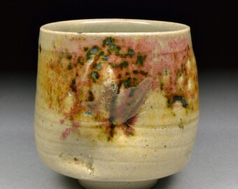 Unique Handmade Stoneware Yunomi glazed with Celadon, Wood Ash and Copper and Fired in Oxidation