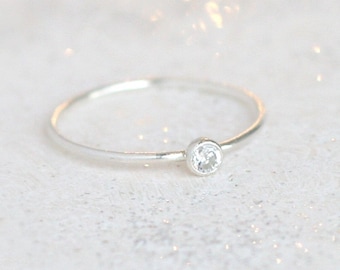 diamond ring. silver stacking ring with April birthstone. ONE stackable gemstone ring. sterling silver. mothers ring. slim stacking ring.