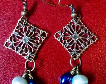 Antiqued brass and pearl earrings