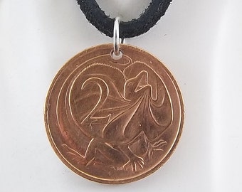1974 Australian Coin Necklace, Womens Necklace, Mens Necklace, Coin Pendant, 2 Cents, Leather Cord, Vintage