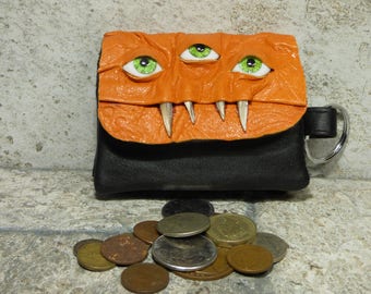 Zippered Coin Purse Change Purse Orange Black Leather Monster Face Pouch Key Ring Harry Potter Labyrinth 22