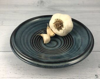 Oil Dish, Garlic Grater Dish, Oil Dipping Dish in our Denim Blue Glaze - Garlic Saucer - Olive Oil and Grater