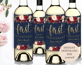 Editable Wine Labels First Anniversary Wine Labels Wine Bottle Labels Milestones Wine Labels Custom First Marriage Milestone Wine Bottle DIY