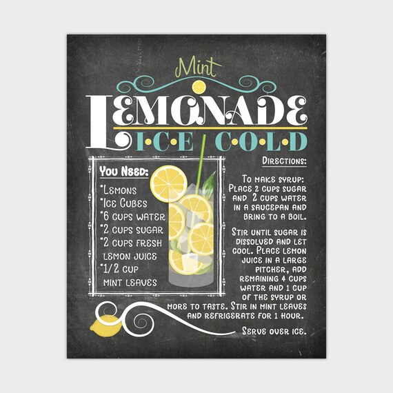 Lemonade Chalkboard Sign Chalkboard Kitchen Printable Recipe
