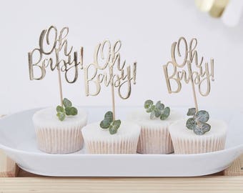 Gold Oh Baby Cupcake Toppers, Baby Shower Cupcake Toppers, Baby Shower Decorations, Baby Shower Tableware, Baby Shower Party Decor