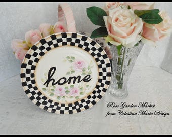 Vintage Round Stately Checked Plate, Hand Painted, Home, Pink Roses, Decorative Display Plate, Home Decor, Accent, Word Plate, ECS