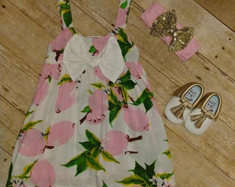Pink Lemon and Leaves Girls Dress