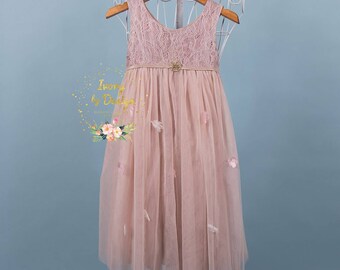 Blush Pink Girls Lace Bodice Long Length Tulle Flower Girl Dress Birthday Party Dress Special Occasion Dress