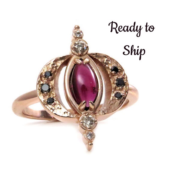 Ready to Ship Size 7-9 - Garnet and Diamond Double Crescent Moon Ring - 14k Rose Gold - Gothic Engagement Ring