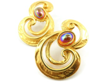 Vintage, Scrolled Earrings, Iridescent Cabochon, Matte Gold Tone, Posts