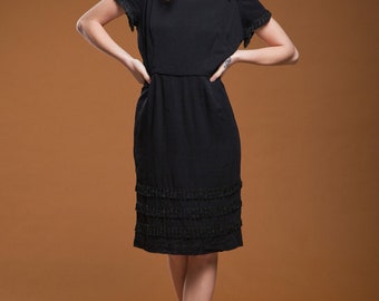 vintage 50s 1950s fringed dress black crepe bow fringe wiggle LARGE L