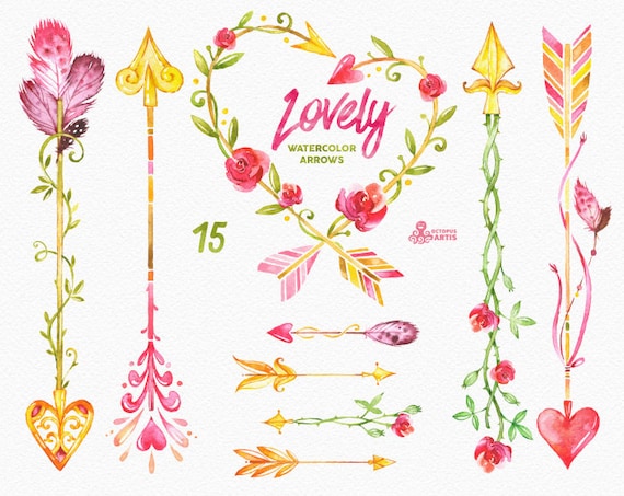 Lovely Watercolor Arrows Clipart. 15 Hand painted elements