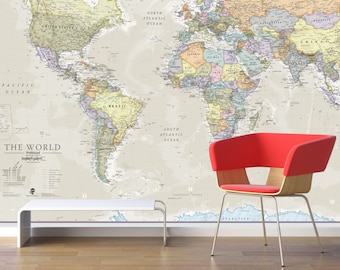 Giant World Map Mural - Classic - Home Decor, Living Room, Bedroom, World Map Wall Decal, Wall Art, vintage map, world map wallpaper