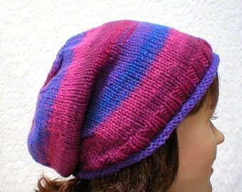 Royal blue purple slouchy hat, rolled brim hat, striped hat, knit hat, toque, womens hat, chemo cap, blue purple hat, slouchy beanie, hiking