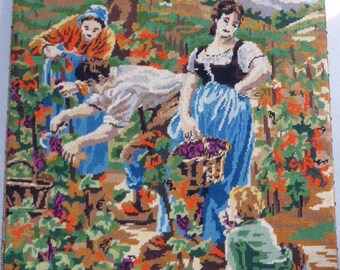 Canvas, tapestry the harvest, framed vintage 1970, handmade made in france
