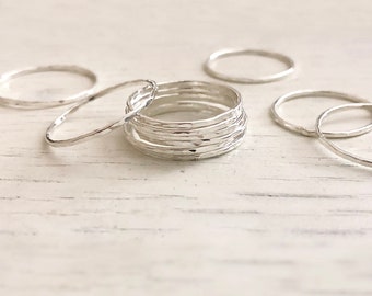Thin Dainty Sterling Silver Hammered Ring / Stackable Simple Delicate Silver Ring for Her / Textured Band Stacking Ring