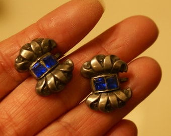 Vintage Sterling Bow Earrings Screw Backs with Blue Stones