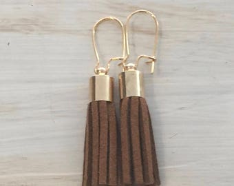 Mini Suede tassel earrings, Brown