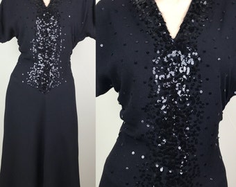 Gorgeous Vintage 1940s Black Crepe Dress With All Over Sequin Detail Size M