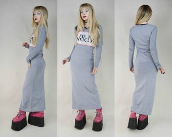 90s Cyber Goth Grey Bodycon Semi Sheer Maxi Dress S