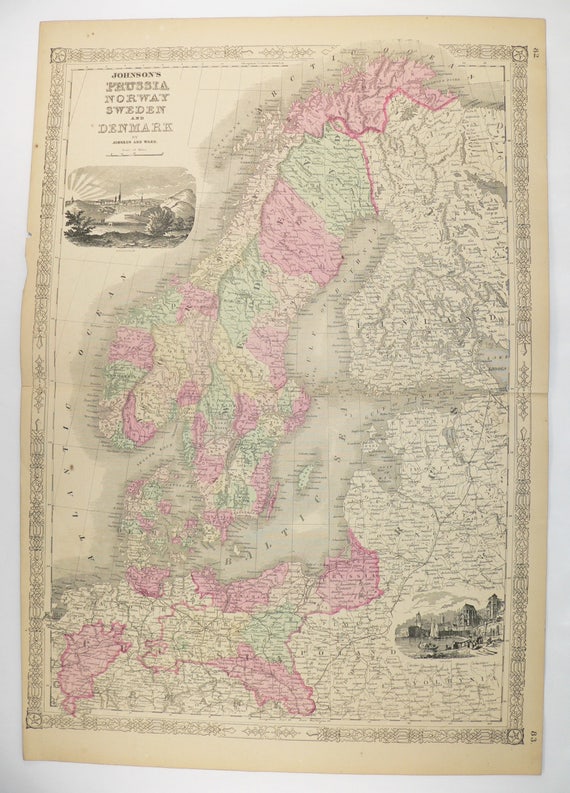 1800s sweden map norway denmark map scandinavia 1864 johnson map unique office gift for coworker antique art map northern europe map