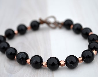 Black agate bracelet, Black banded agate bracelet, Beaded black agate bracelet, Genuine black agate bracelet, Agate gift, Black bracelet.