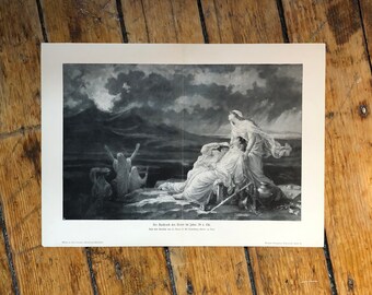 c. 1900 VOLCANO VESUVIUS ERUPTING lithograph - original antique print - historical disaster in Pompeii, Italy