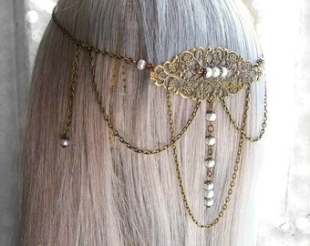 White Pearl Medieval Headpiece, Bridal Headpiece, Wedding Headdress, Medieval Wedding, Renaissance Circlet, Filigree Crown, Bronze Headpiece
