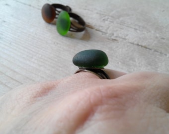 MERMAID's Tear RING - Organic dark green sea Glass Adjustable Ring with Genuine Natural Amalfi Sea Glass /nr96
