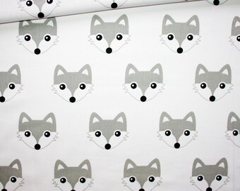 Tissu renard, 50 x 160 cm, tissu 100% coton imprimé, têtes de renards grises sur fond blanc